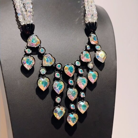 Vtg Yves Saint Laurent YSL Crystal Aurora Borealis Heart Necklace Collar Bib - Picture 15 of 15